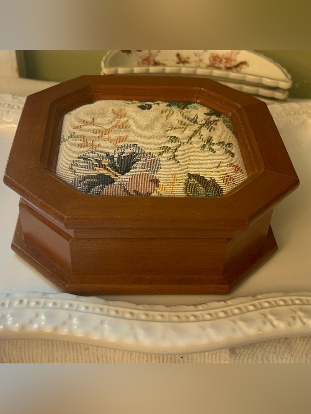 Vintage Wood Jewelry Box Octagonal Floral Fabric Top